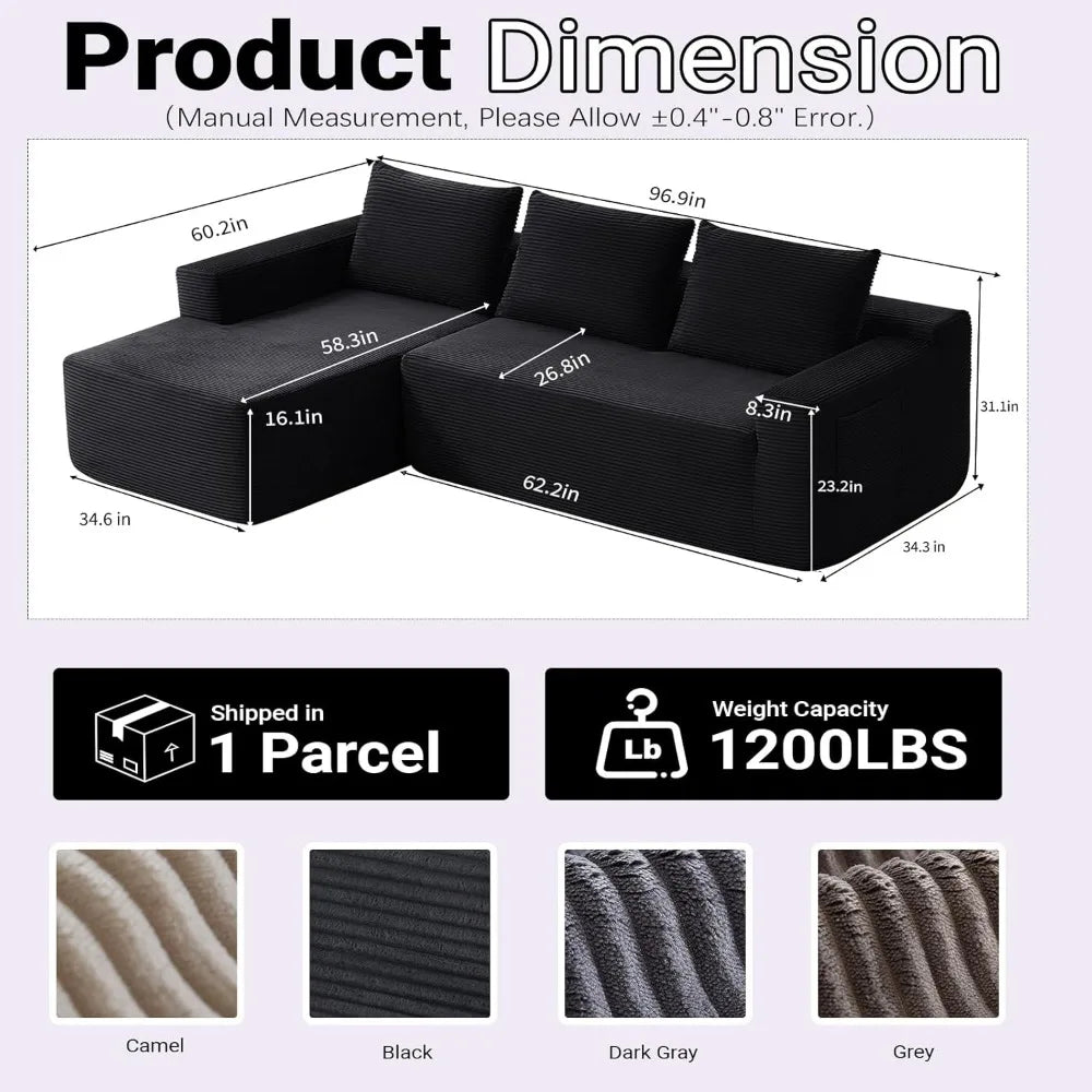 97" Modular Sectional Sofa L-Shape Chaise Deep Seat Corduroy  Left Facing No Assembly, Custom