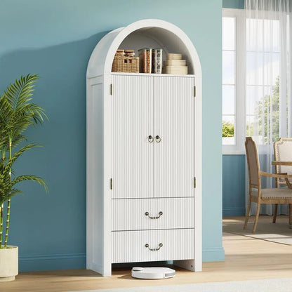 71 Tall Arched Cabinet Set of 2, Wood  Storage Cabinet w 2 Large Drawers, Versatile Bookcase