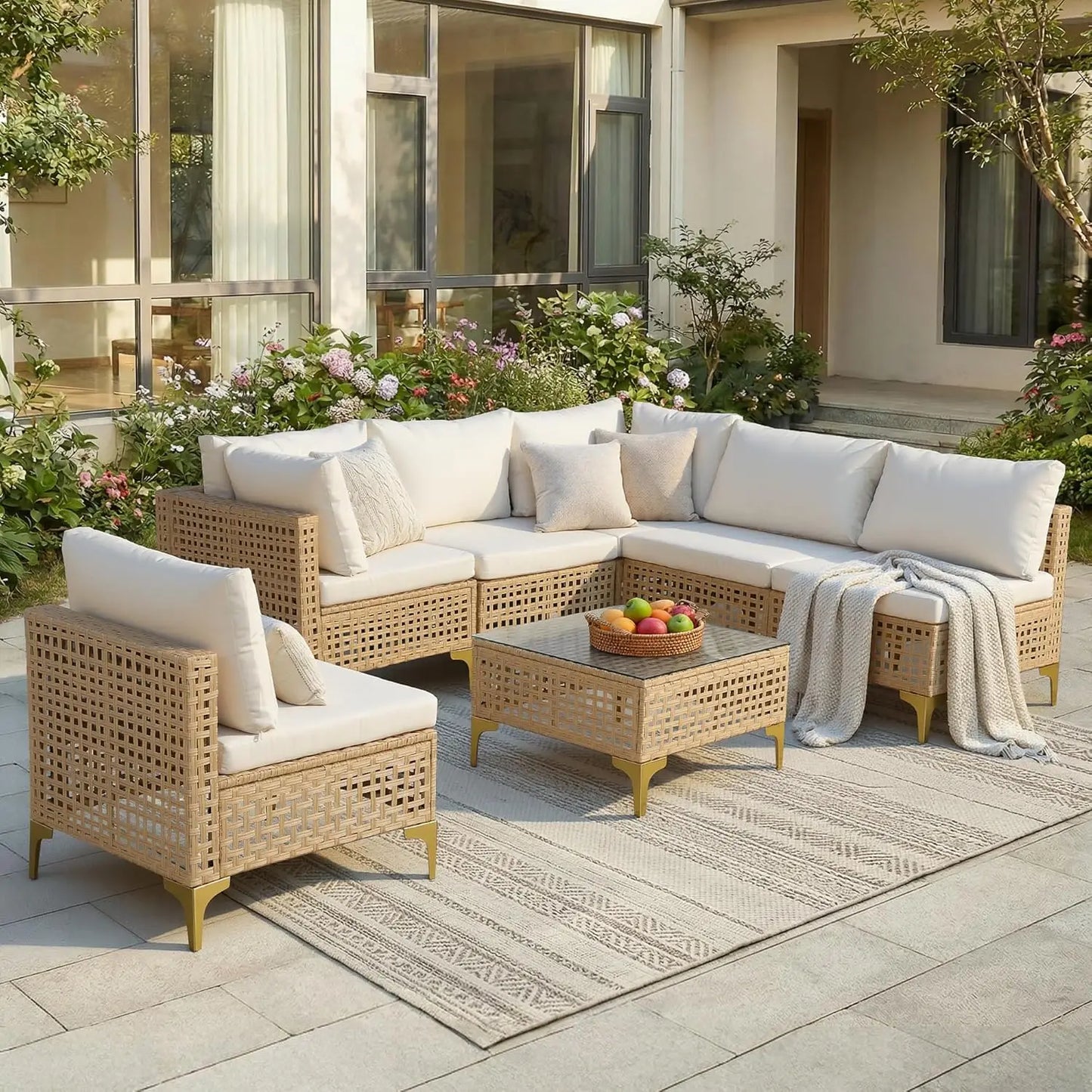 7-Piece Wicker Patio Sectional Sofa with Cushions & Glass Coffee Table. Customized