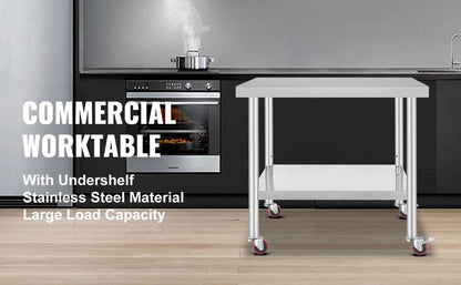 Stainless Steel Kitchen,  Commercial Work Bench Table with Caster Wheels