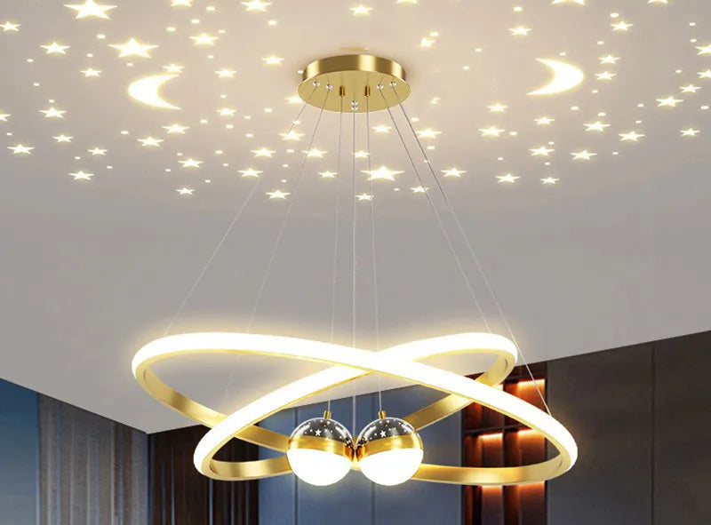 Ring Chandelier with Moon Stars Creative Black/Gold Ring Circle LED Chandelier for Bedroom Dining Room