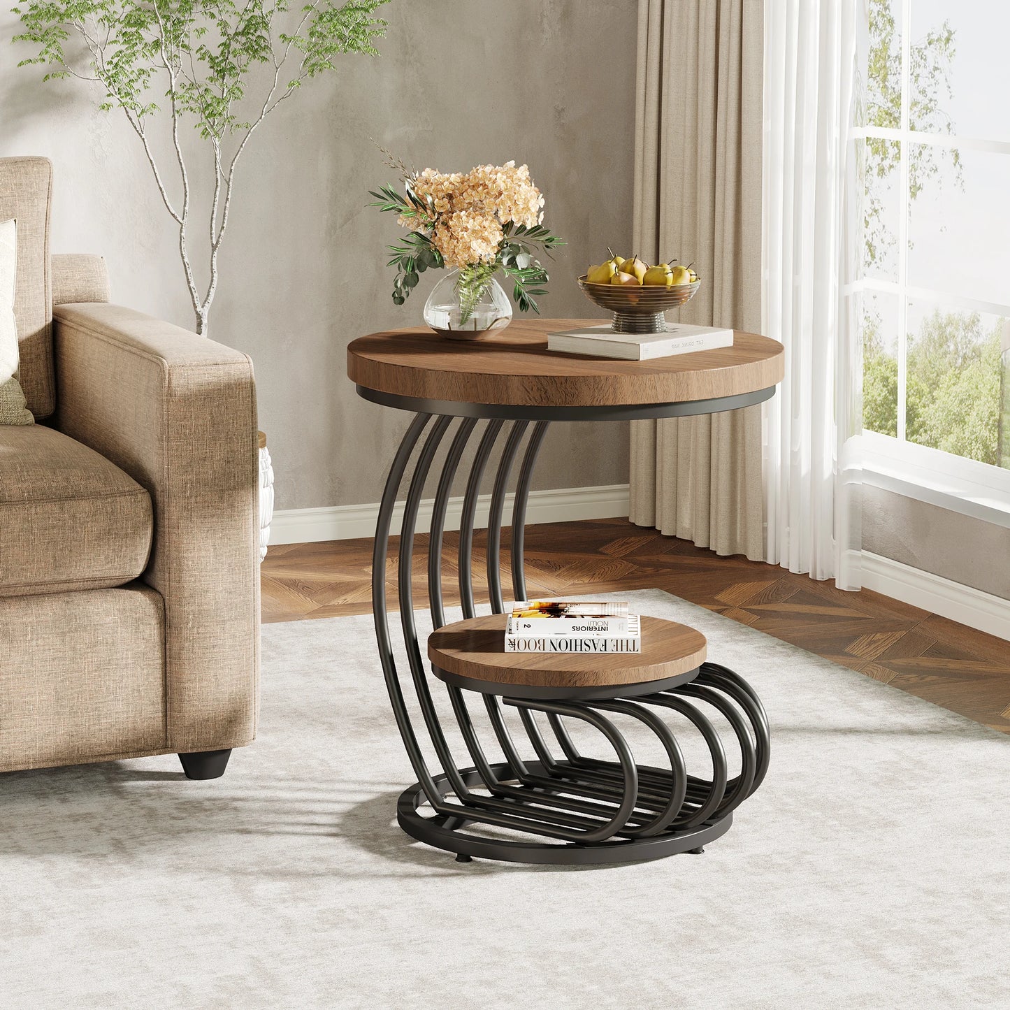 Tribesigns Gold Round End Table: 2 Tiers Faux Marble Side Table with Storage Shelf