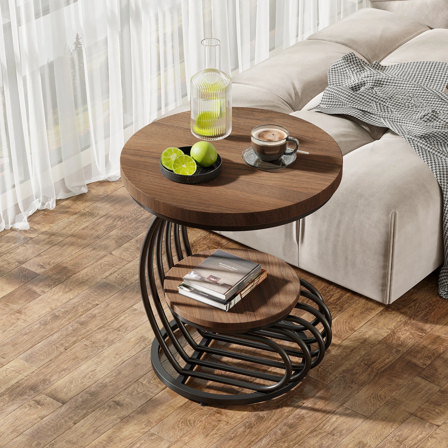 Tribesigns Gold Round End Table: 2 Tiers Faux Marble Side Table with Storage Shelf
