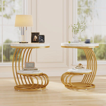Tribesigns Gold Round End Table: 2 Tiers Faux Marble Side Table with Storage Shelf