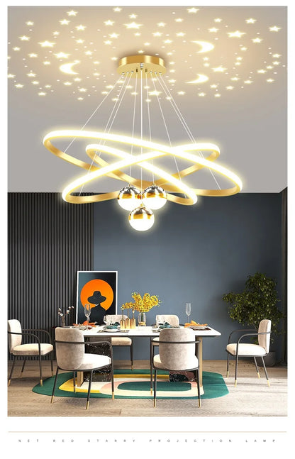 Ring Chandelier with Moon Stars Creative Black/Gold Ring Circle LED Chandelier for Bedroom Dining Room