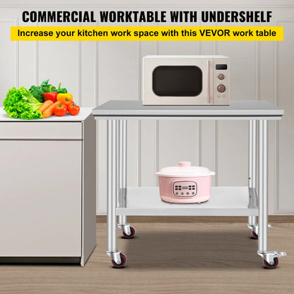 Stainless Steel Kitchen,  Commercial Work Bench Table with Caster Wheels