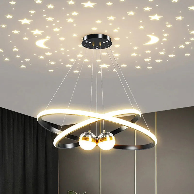 Ring Chandelier with Moon Stars Creative Black/Gold Ring Circle LED Chandelier for Bedroom Dining Room