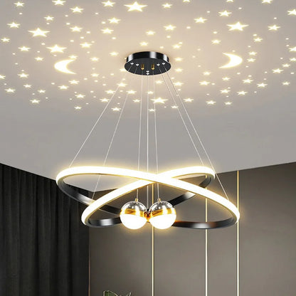 Ring Chandelier with Moon Stars Creative Black/Gold Ring Circle LED Chandelier for Bedroom Dining Room