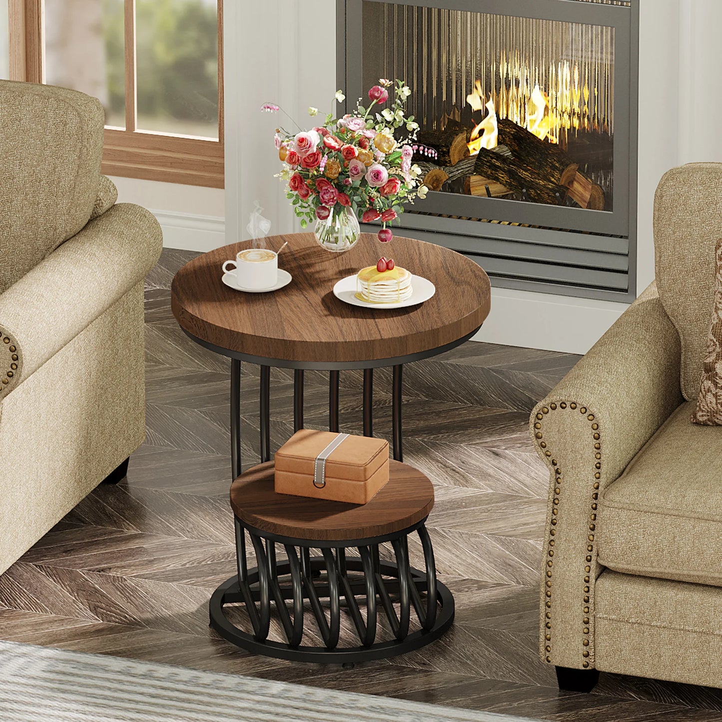 Tribesigns Gold Round End Table: 2 Tiers Faux Marble Side Table with Storage Shelf