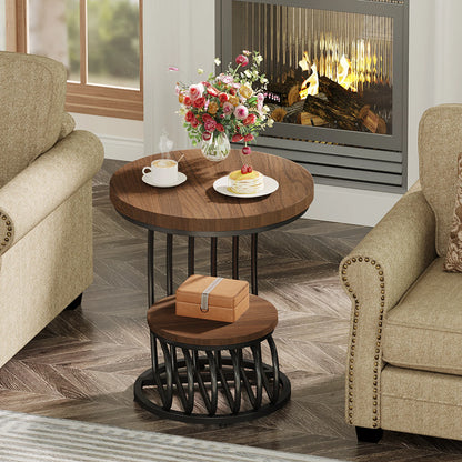 Tribesigns Gold Round End Table: 2 Tiers Faux Marble Side Table with Storage Shelf