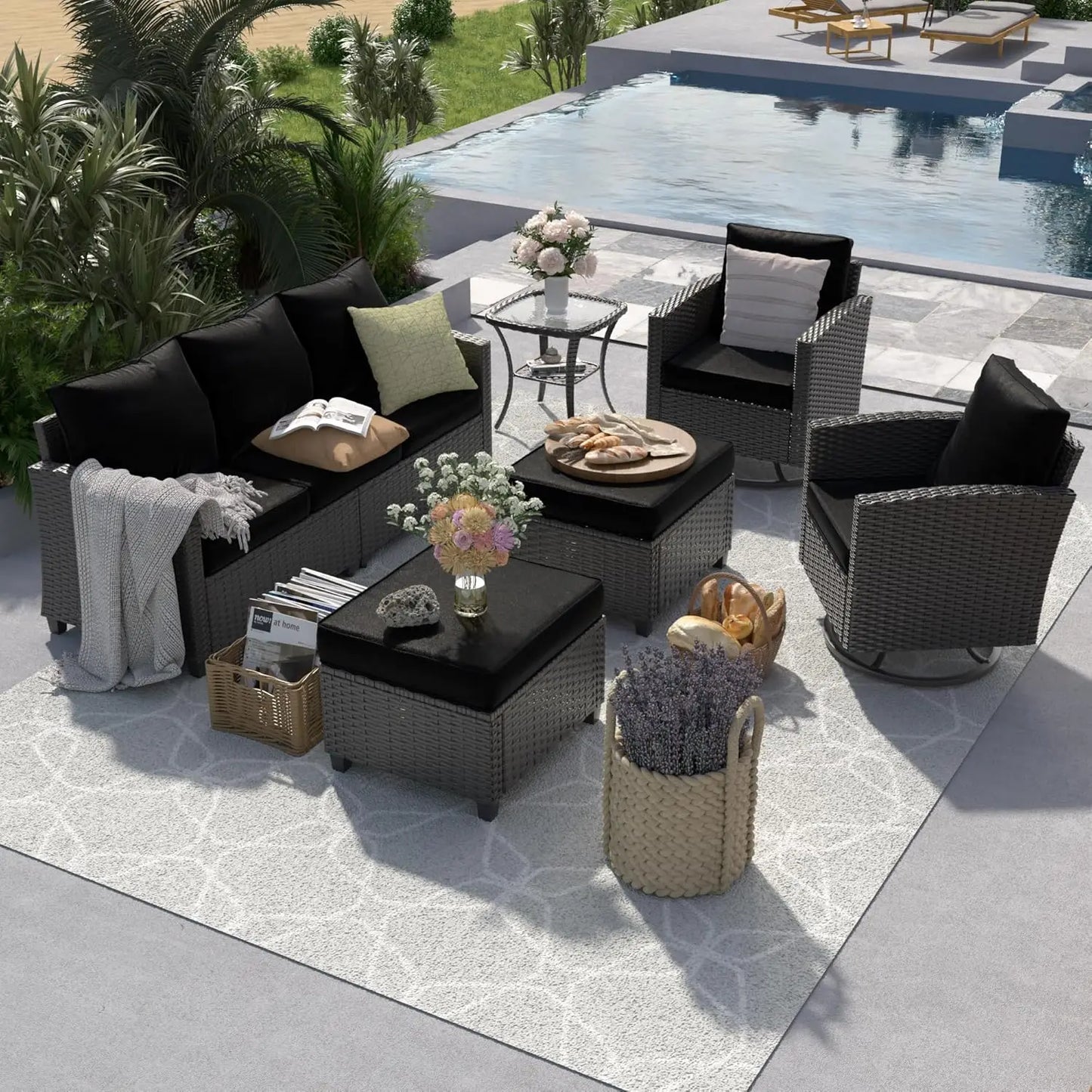 6pc PE Rattan Sectional Sofa, Swivel Chair & Side Table 4" Cushions