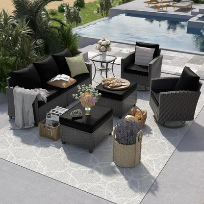 6pc PE Rattan Sectional Sofa, Swivel Chair & Side Table 4" Cushions