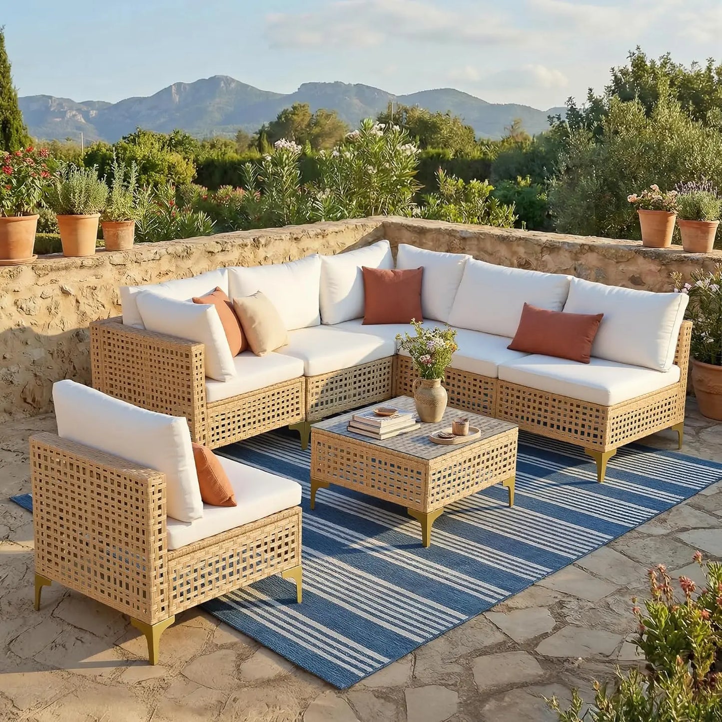 7-Piece Wicker Patio Sectional Sofa with Cushions & Glass Coffee Table. Customized