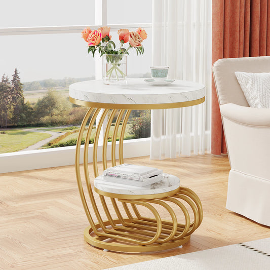Tribesigns Gold Round End Table: 2 Tiers Faux Marble Side Table w Storage Shelf