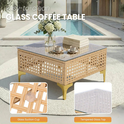 7-Piece Wicker Patio Sectional Sofa with Cushions & Glass Coffee Table. Customized