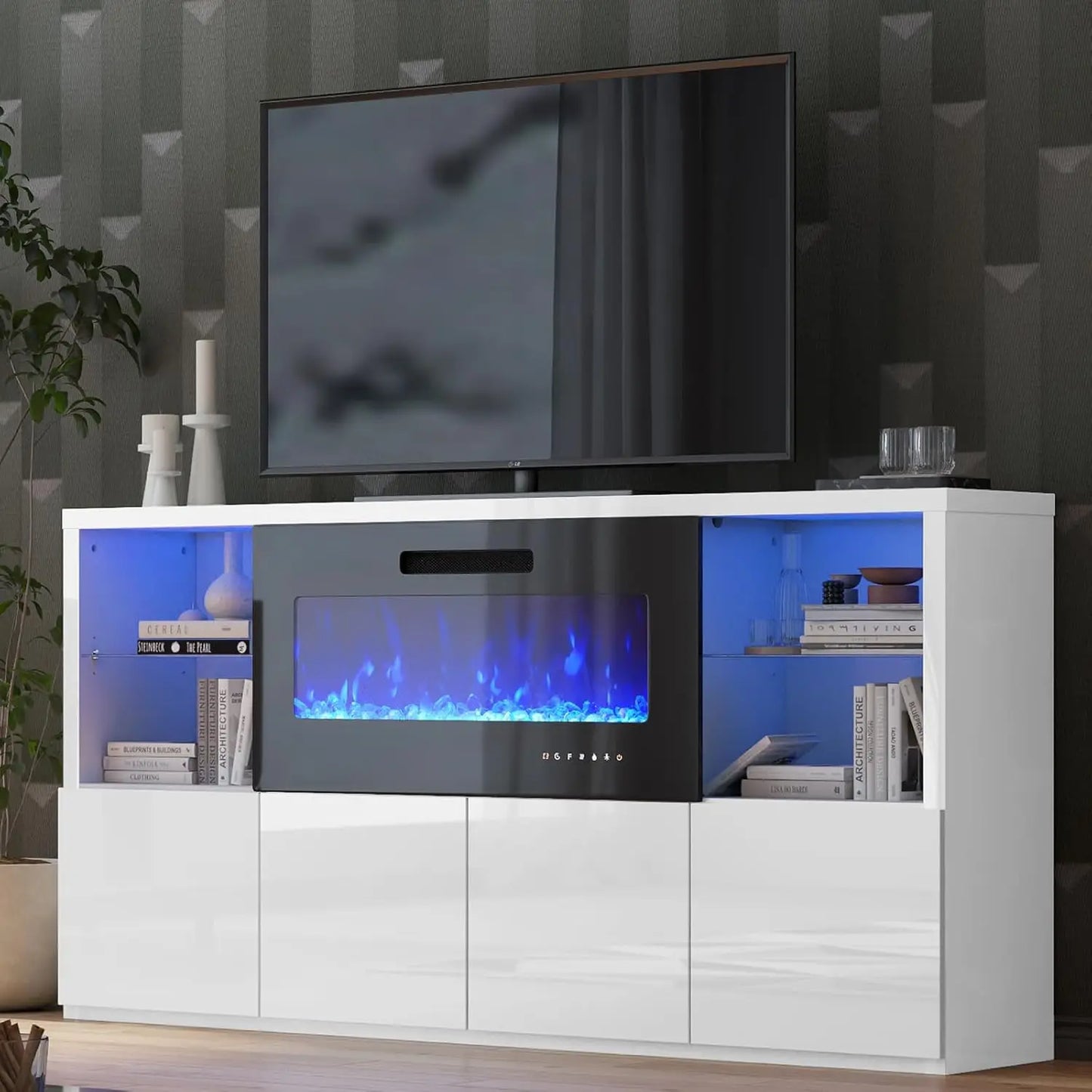 68" High Gloss Fireplace TV Stand with 40" LED Insert, Glass Shelves, Black, Customized