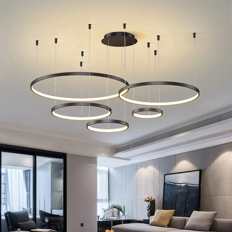 Black Rings Simple Style Modern Pendant Light,  Minimalist Chandelier Living room Dimmable Remote Lamp