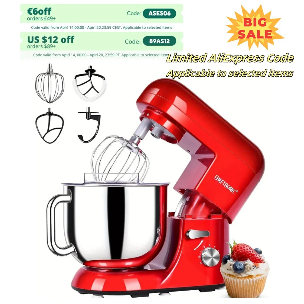 1pc CHEFTRONIC Stand Mixer, 7 Qt Tilt head- 650W 6-P Speed, US Plug, Frother for milk