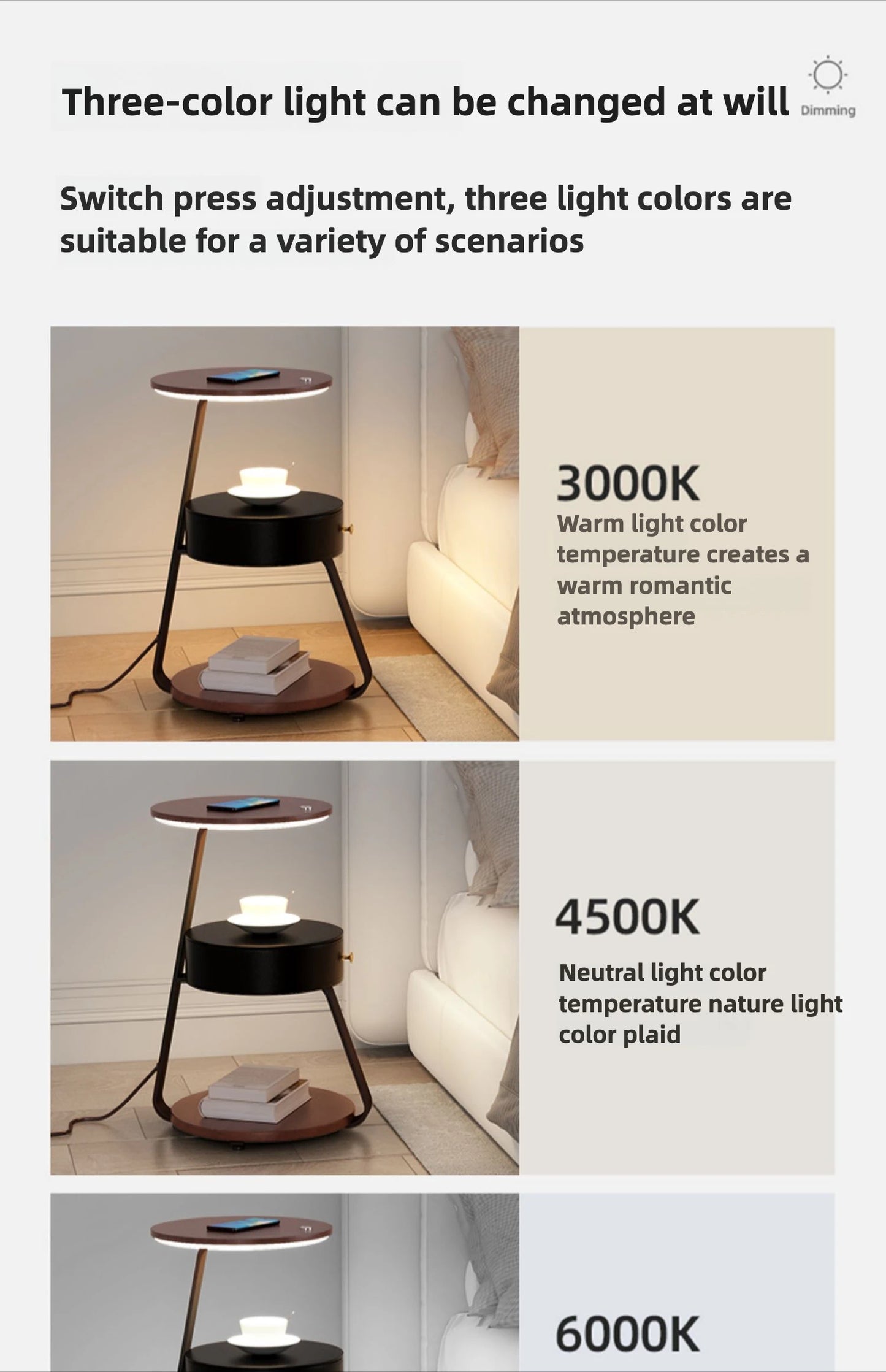 Bedroom Minimalist Nightstands Small Space Round  Table With Wireless Charger