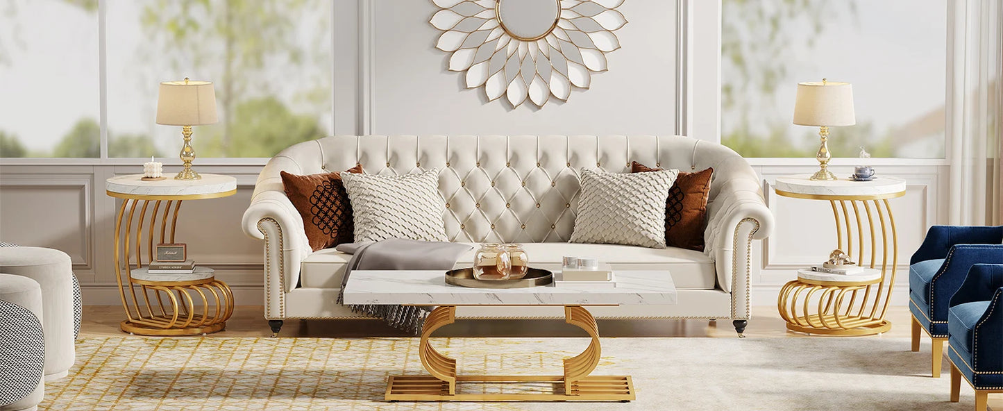 Tribesigns Gold Round End Table: 2 Tiers Faux Marble Side Table with Storage Shelf