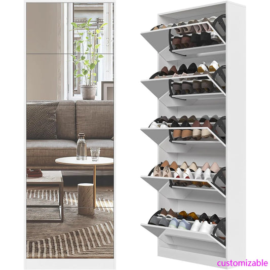 Shoe Storage Cabinet with Full Length Mirror, 30 Pairs & 5 Flip Drawer, Free Standing