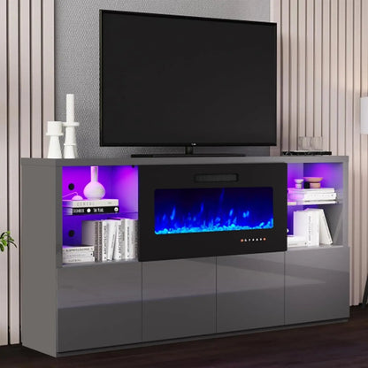 68" High Gloss Fireplace TV Stand with 40" LED Insert, Glass Shelves, Black, Customized
