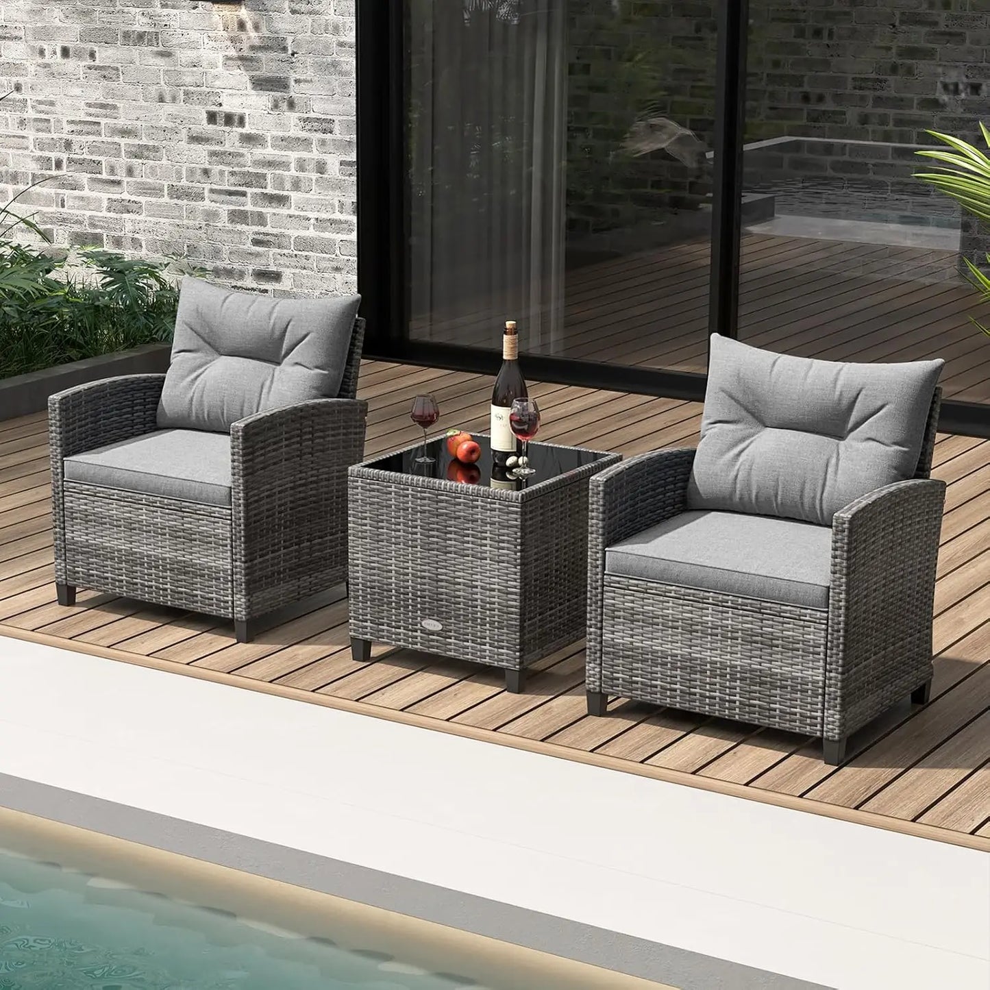 Patio Furniture Set, Outdoor PE Rattan, Washable Cushions & Tempered Glass Tabletop