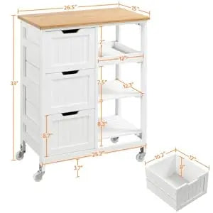 Kitchen Rolling Storage Cart w Bamboo Countertop, 3 Drawers, 3 Removable Shelves & Lockable Casters