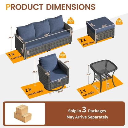 6pc PE Rattan Sectional Sofa, Swivel Chair & Side Table 4" Cushions