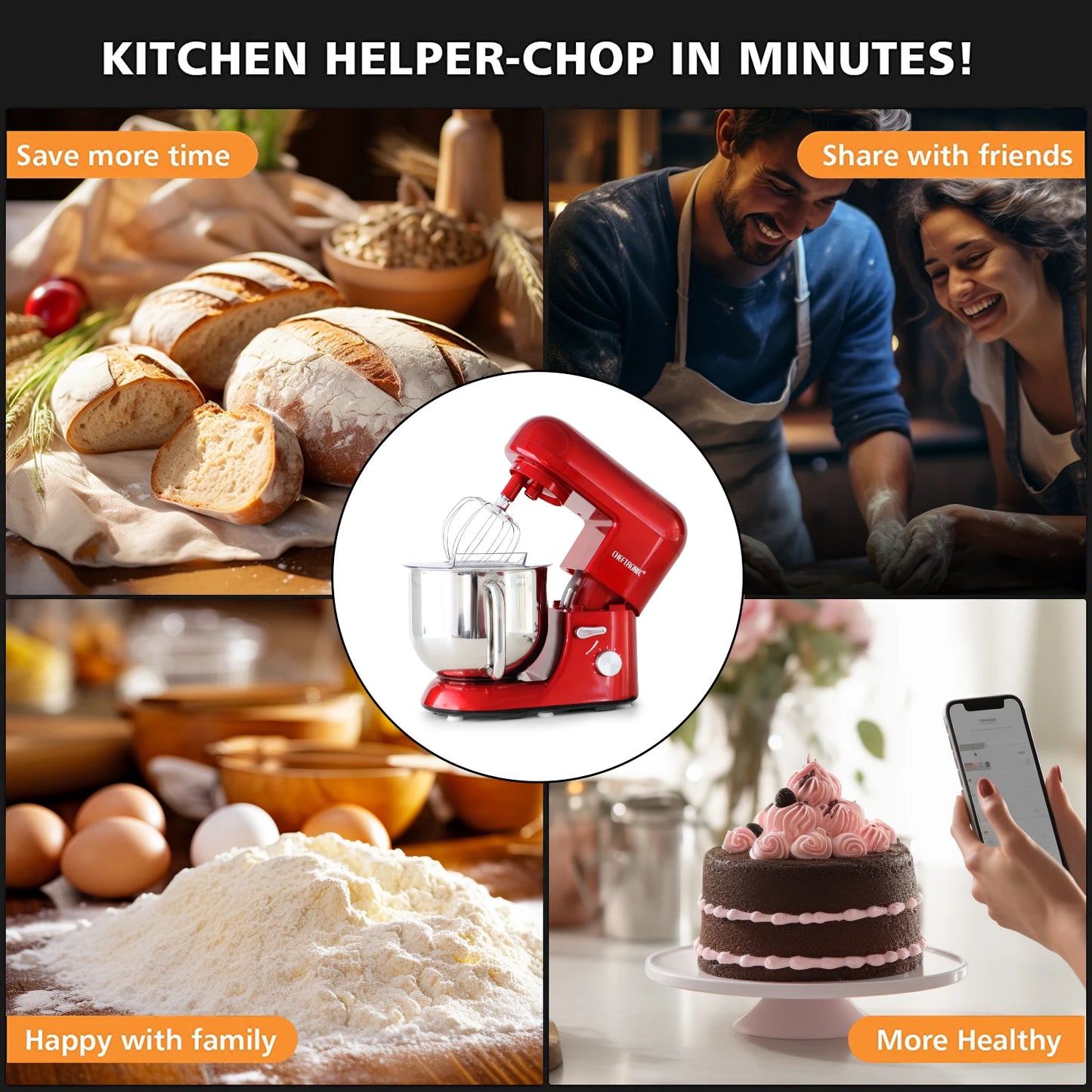 1pc CHEFTRONIC Stand Mixer, 7 Qt Tilt head- 650W 6-P Speed, US Plug, Frother for milk