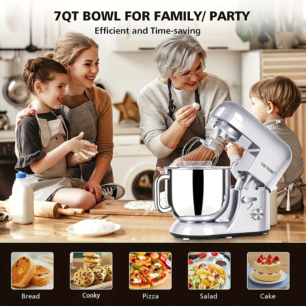 1pc CHEFTRONIC Stand Mixer, 7 Qt Tilt head- 650W 6-P Speed, US Plug, Frother for milk