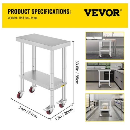 Stainless Steel Kitchen,  Commercial Work Bench Table with Caster Wheels