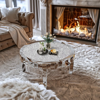 FATIVO Large Round Mirrored Coffee Table Beveled, Crushed Diamond End Table
