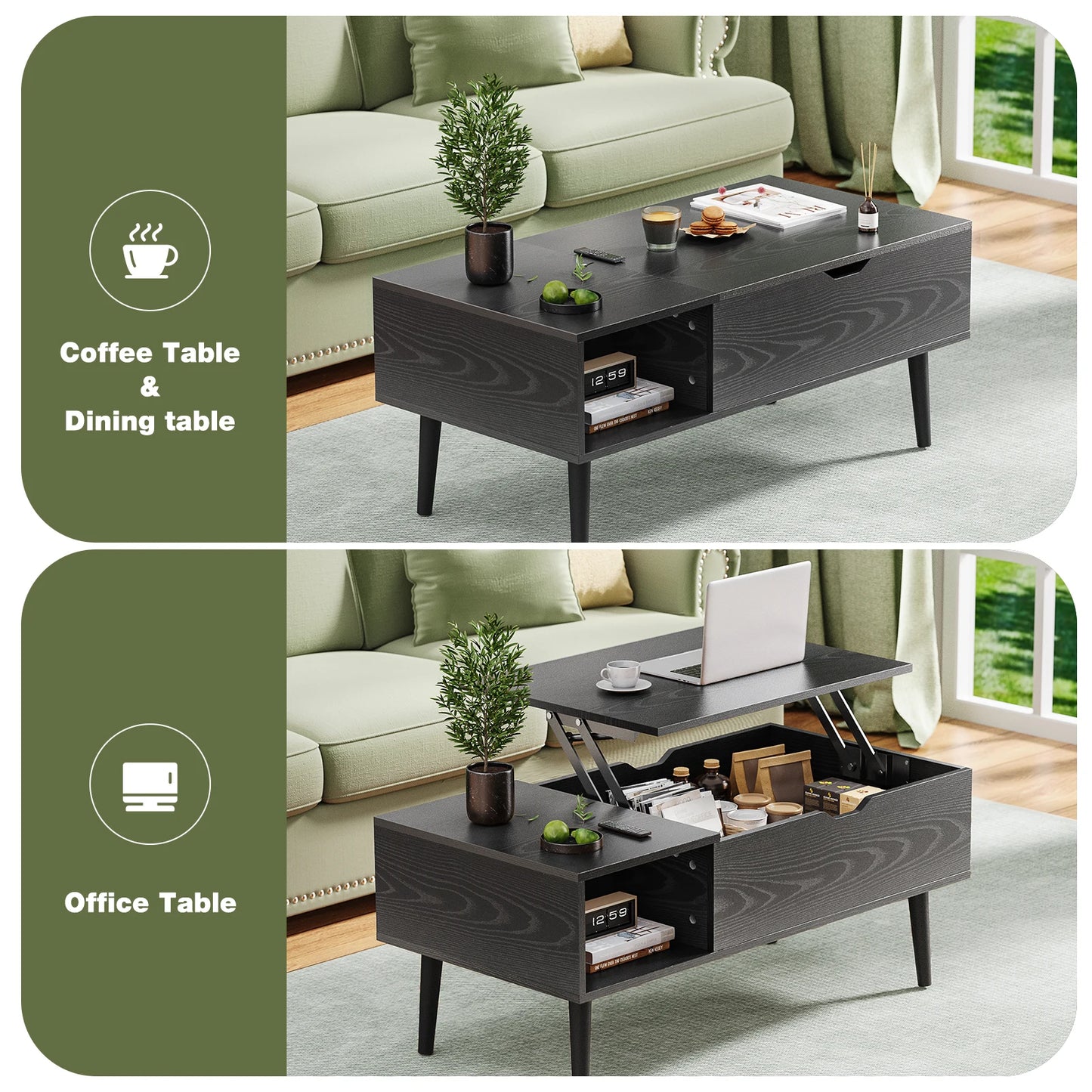 JHK Lift Top 39.37"x19.7" Desk Tea Wood Dining Tables Adjustable Storage Shelf Easy Lift Or Lower
