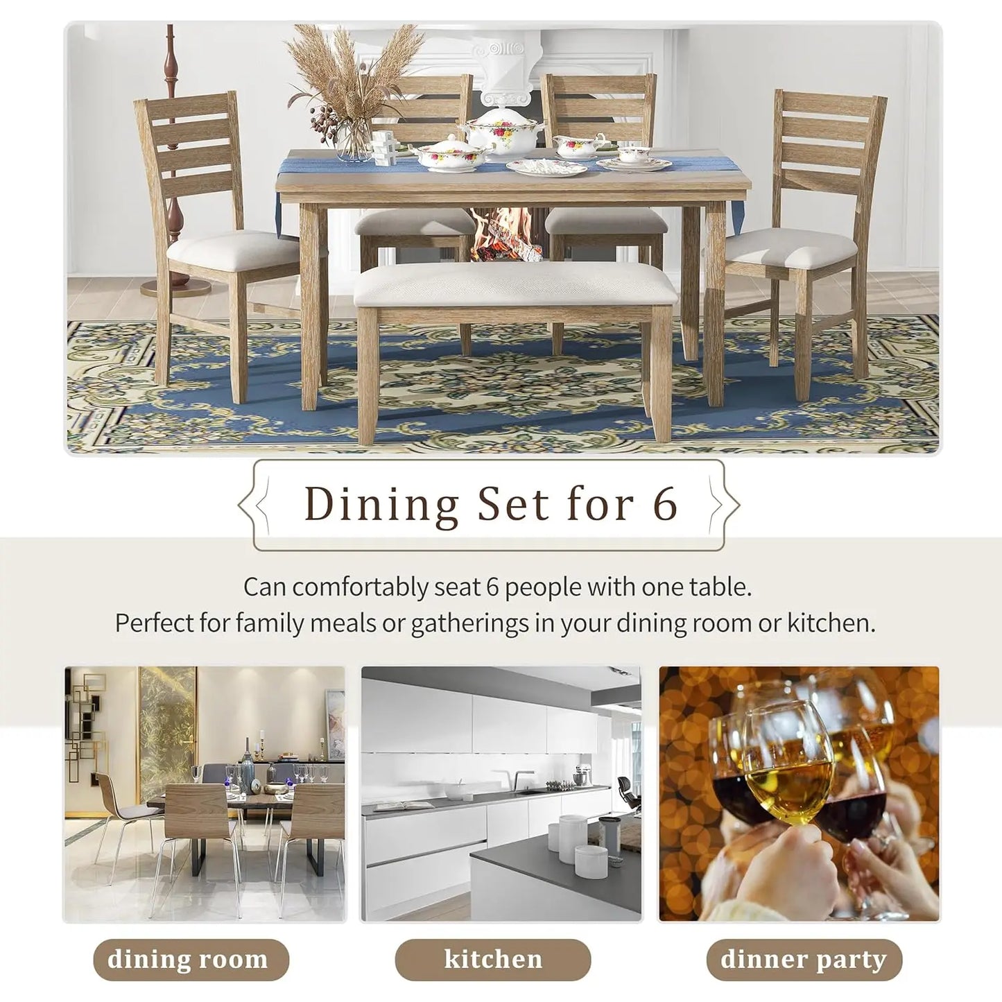 6-Piece Dining Table Set with Bench, Customized