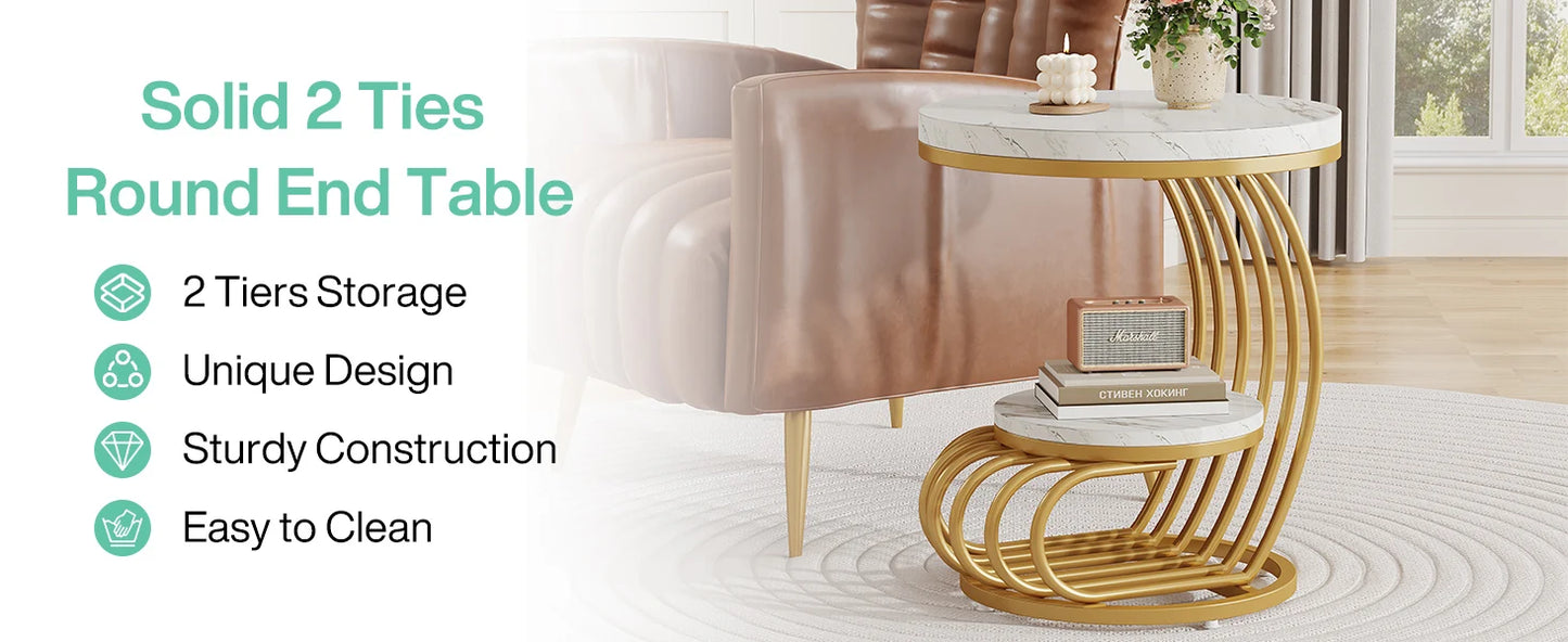 Tribesigns Gold Round End Table: 2 Tiers Faux Marble Side Table with Storage Shelf