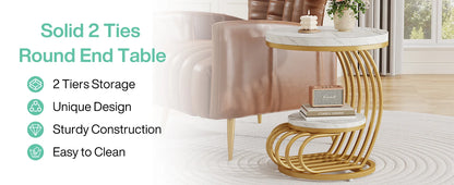 Tribesigns Gold Round End Table: 2 Tiers Faux Marble Side Table with Storage Shelf