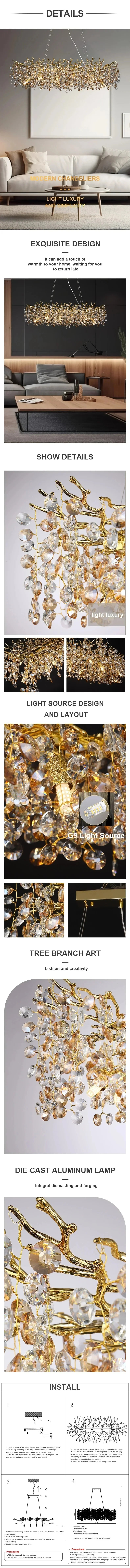 Modern Living Room LED Crystal Gold Large Chandelier Kitchen Long Pendant Lamp
