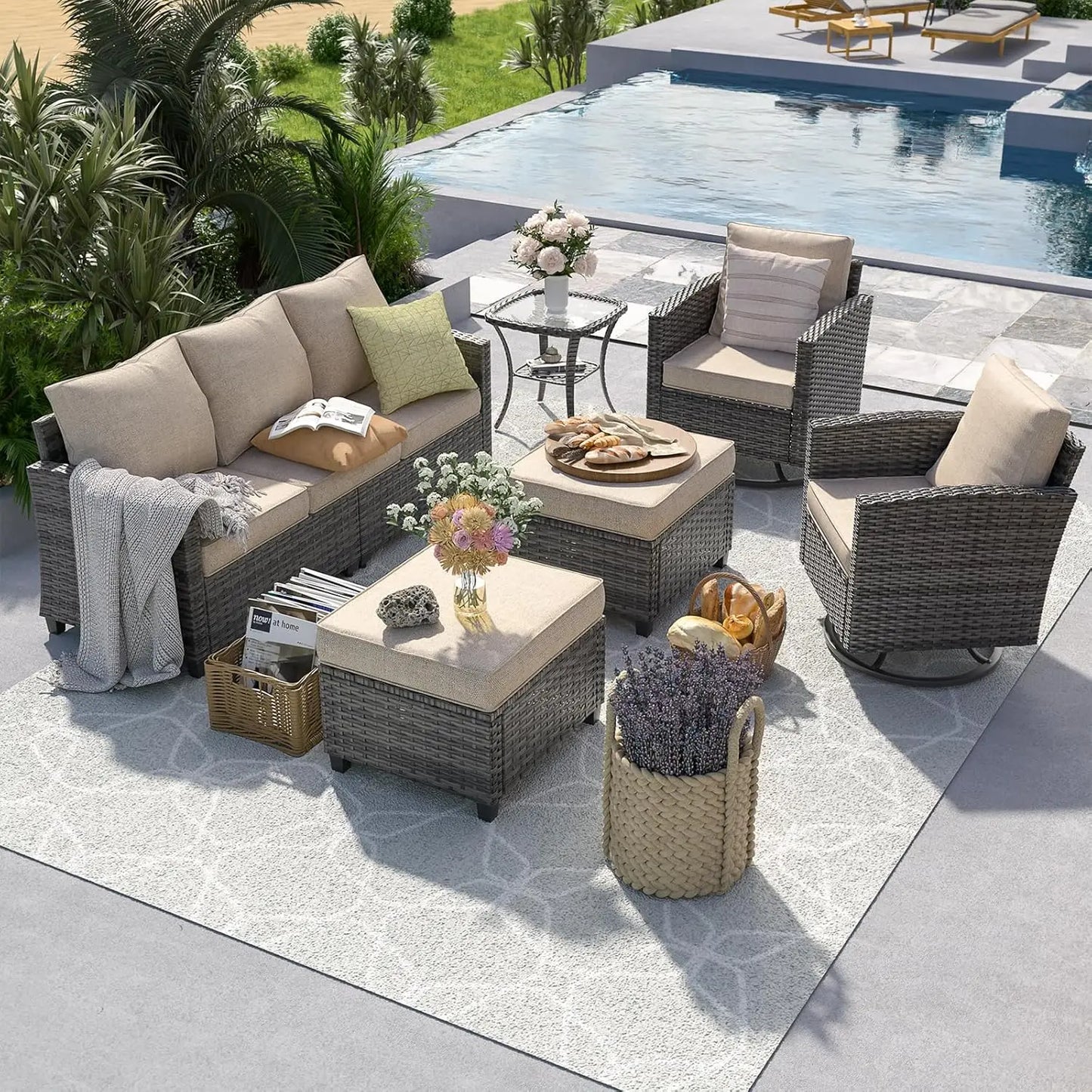 6pc PE Rattan Sectional Sofa, Swivel Chair & Side Table 4" Cushions