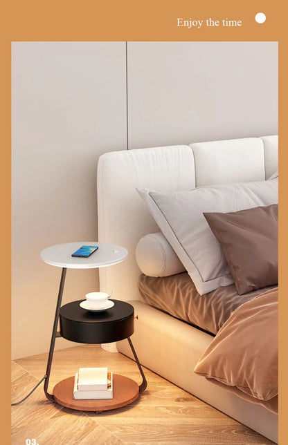 Bedroom Minimalist Nightstands Small Space Round  Table With Wireless Charger