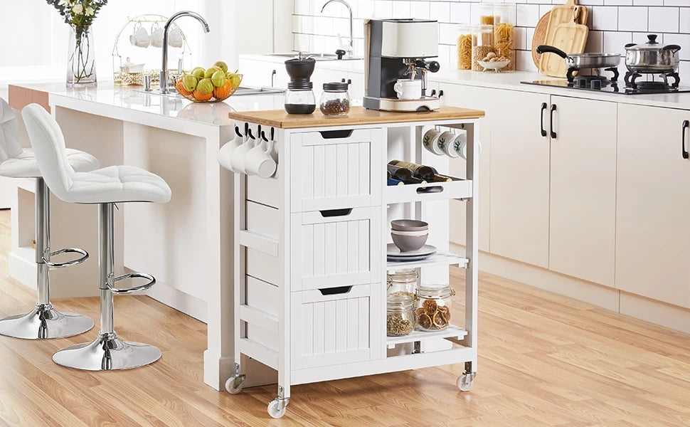Kitchen Rolling Storage Cart w Bamboo Countertop, 3 Drawers, 3 Removable Shelves & Lockable Casters