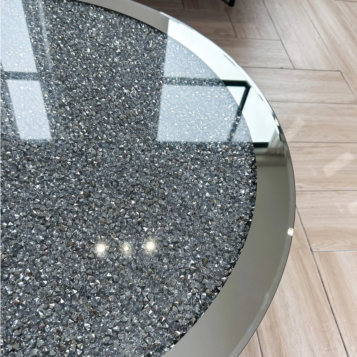 FATIVO Large Round Mirrored Coffee Table Beveled, Crushed Diamond End Table