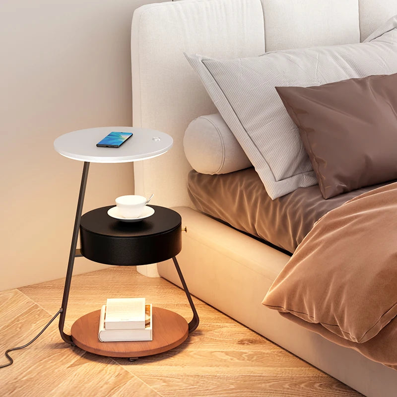 Bedroom Minimalist Nightstands Small Space Round  Table With Wireless Charger