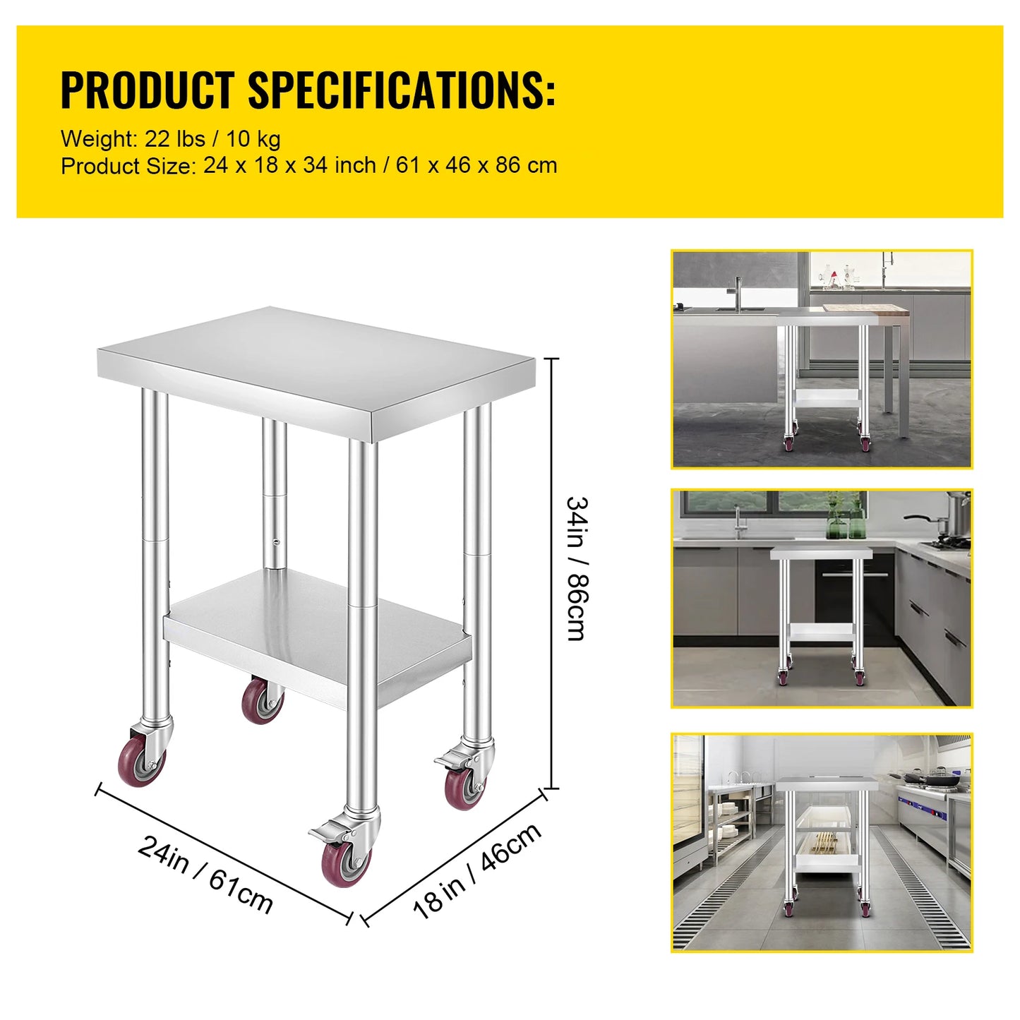 Stainless Steel Kitchen,  Commercial Work Bench Table with Caster Wheels