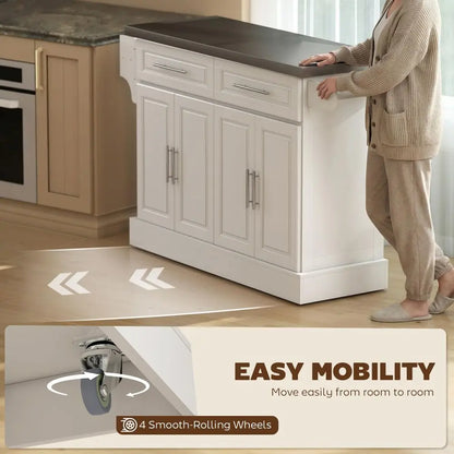 Rolling Kitchen Island Cart with 47 Stainless Steel Top, Portable Island Table for Kitchen with Wheels, Adjustable Shelves, 2 D