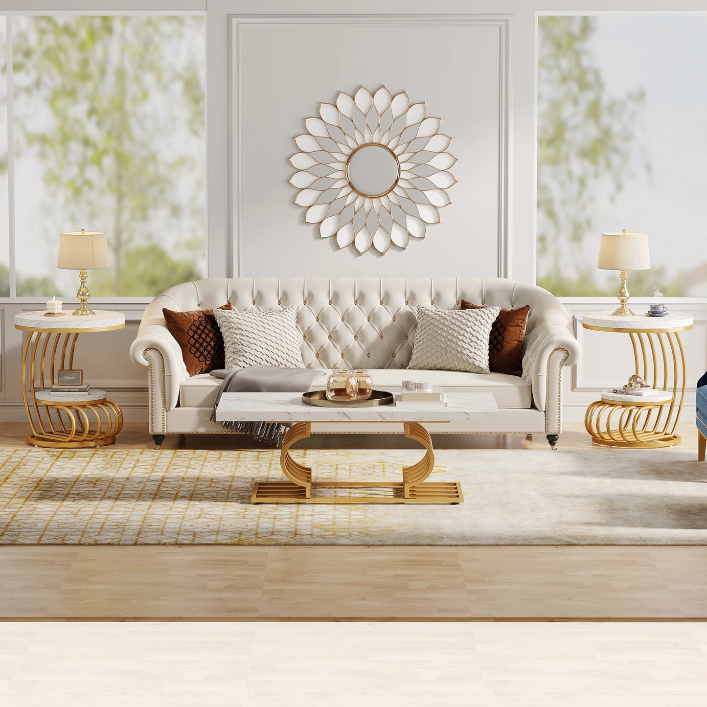 Tribesigns Gold Round End Table: 2 Tiers Faux Marble Side Table with Storage Shelf