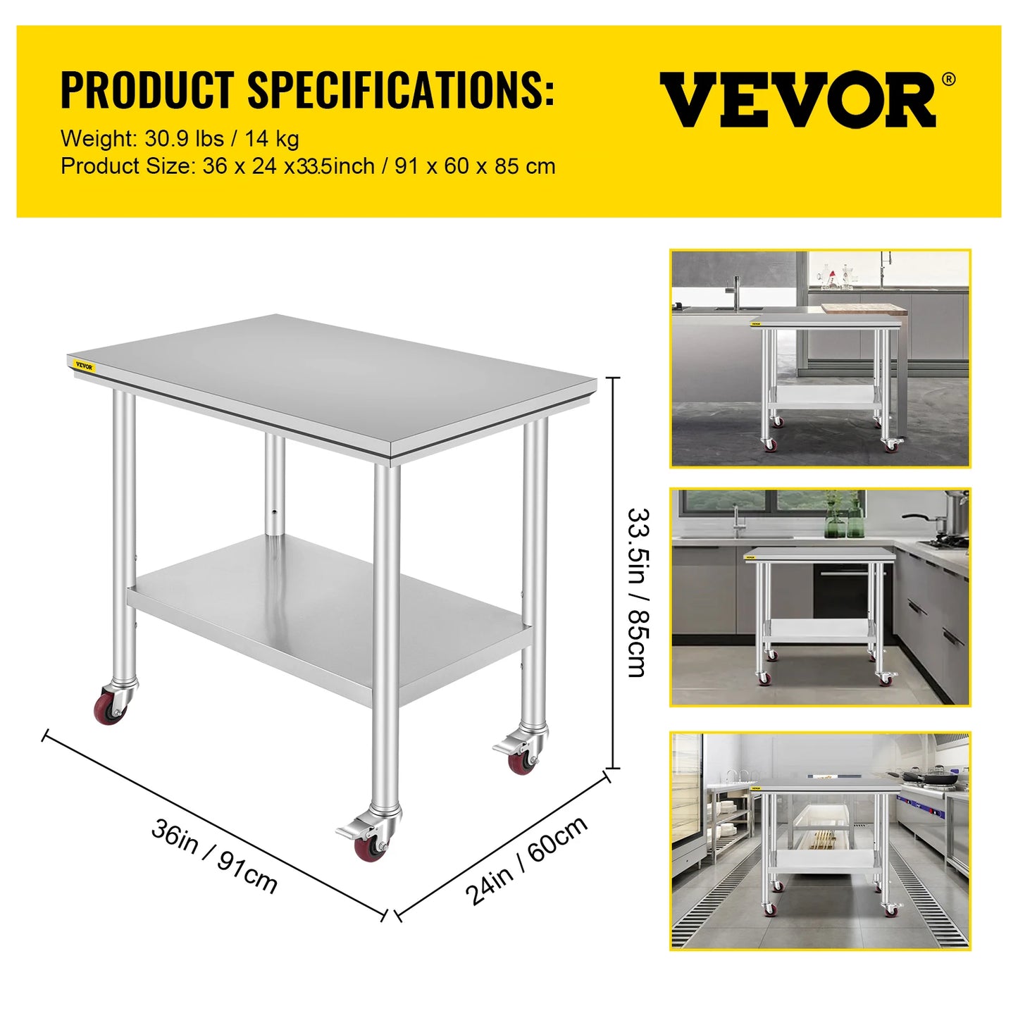 Stainless Steel Kitchen,  Commercial Work Bench Table with Caster Wheels