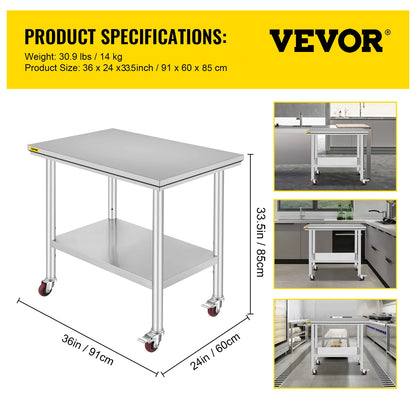 Stainless Steel Kitchen,  Commercial Work Bench Table with Caster Wheels