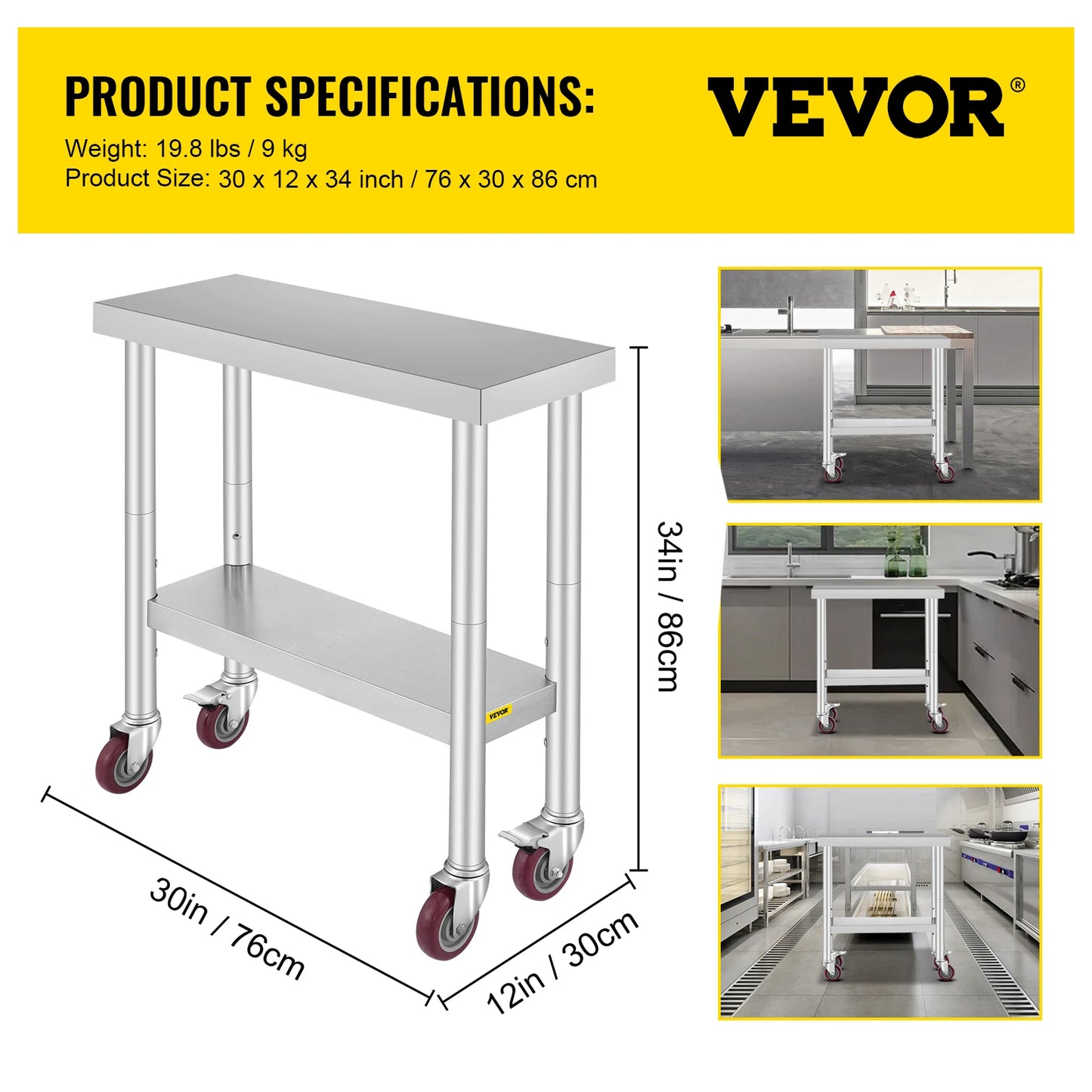 Stainless Steel Kitchen,  Commercial Work Bench Table with Caster Wheels