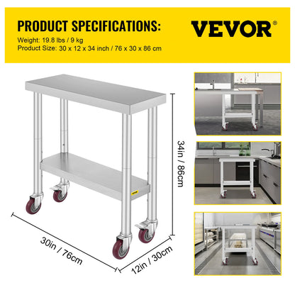 Stainless Steel Kitchen,  Commercial Work Bench Table with Caster Wheels